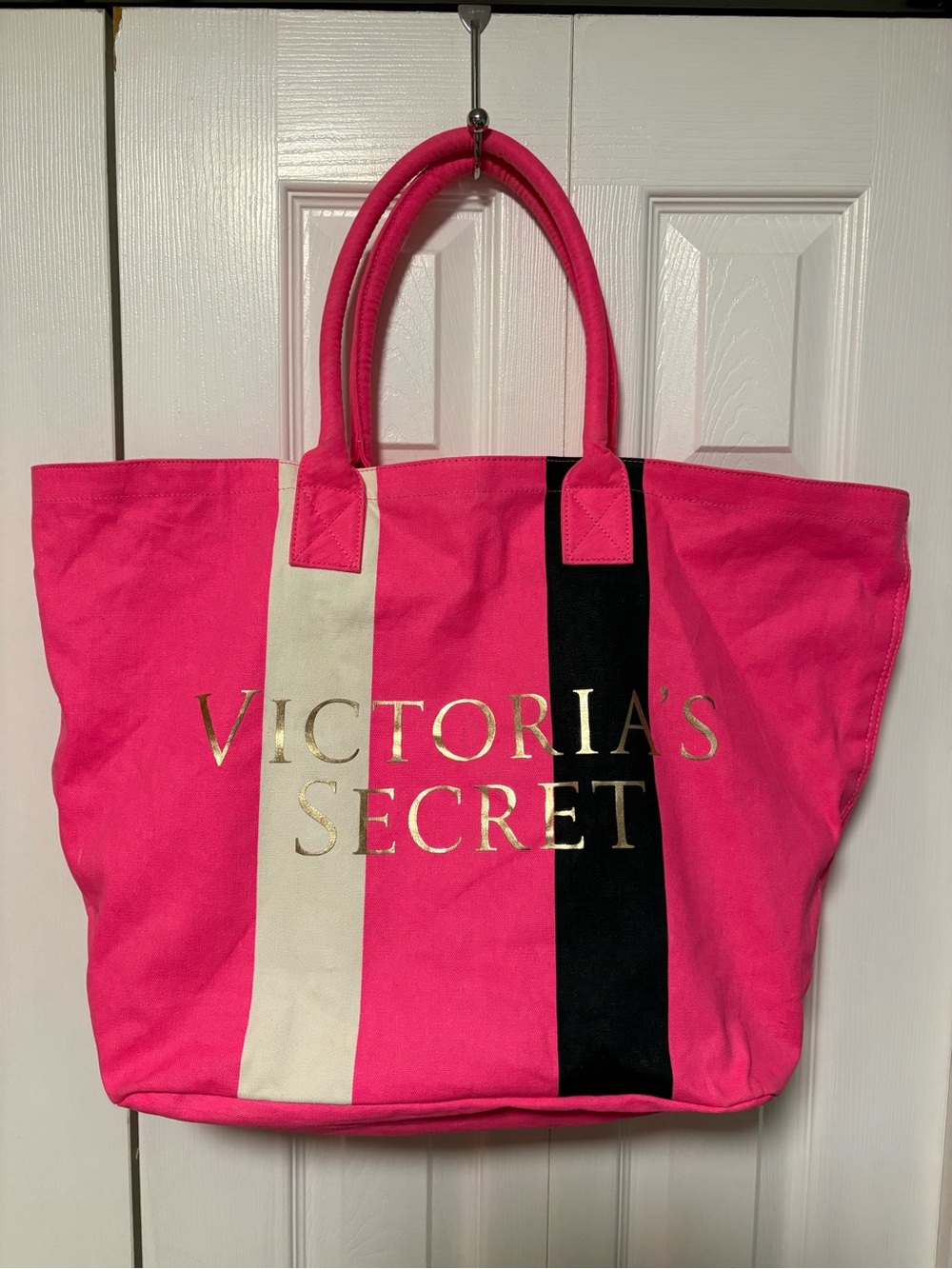Victoria's Secret Pink Canvas Tote Bag with Stripe Detail and Gold Lettering